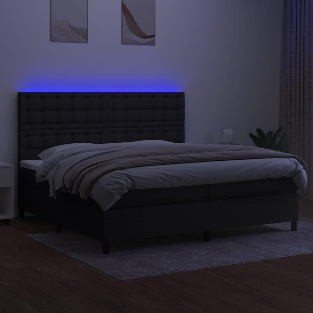 Sommier à lattes de lit et matelas et LED Noir 200x200 cm Tissu - XIOS