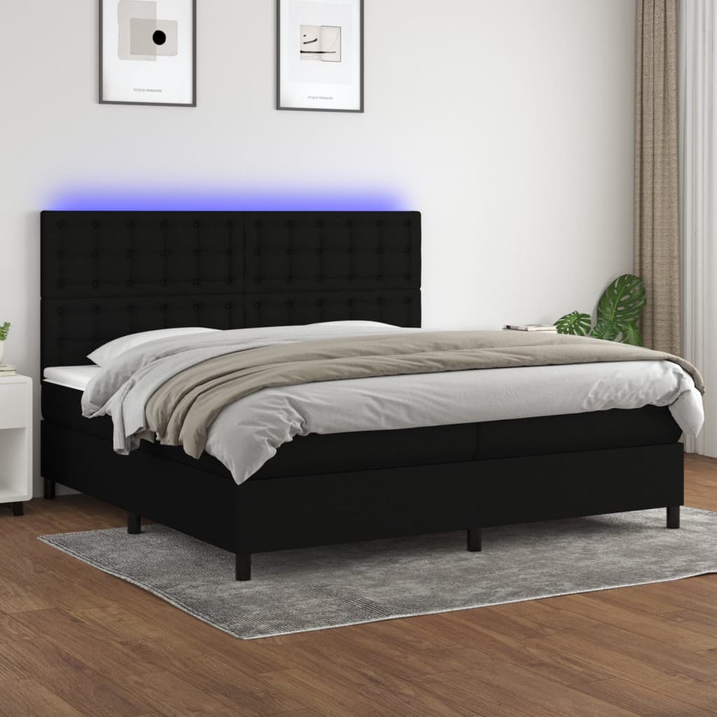 Sommier à lattes de lit et matelas et LED Noir 200x200 cm Tissu - XIOS