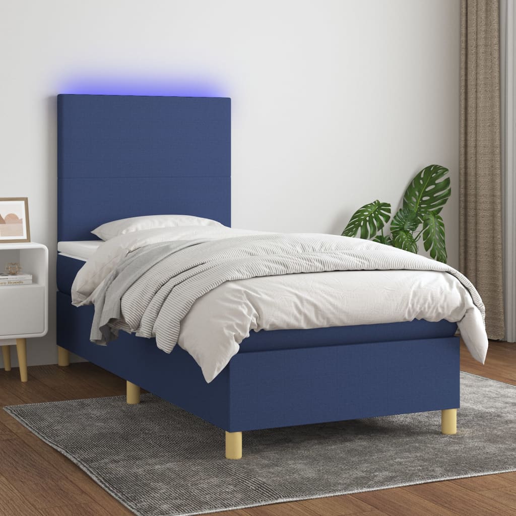 Sommier à lattes de lit avec matelas et LED Bleu 90x190cm Tissu - XIOS