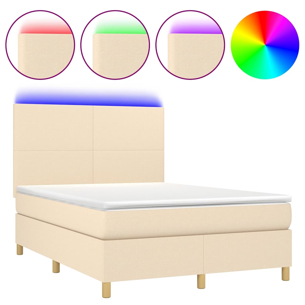 Sommier à lattes de lit et matelas et LED Crème 140x190cm Tissu