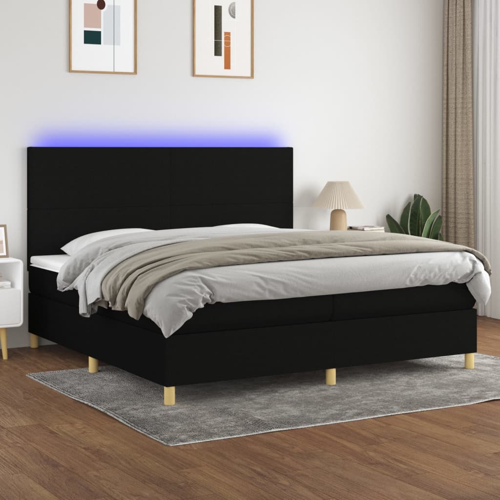 Sommier à lattes de lit et matelas et LED Noir 200x200 cm Tissu - XIOS