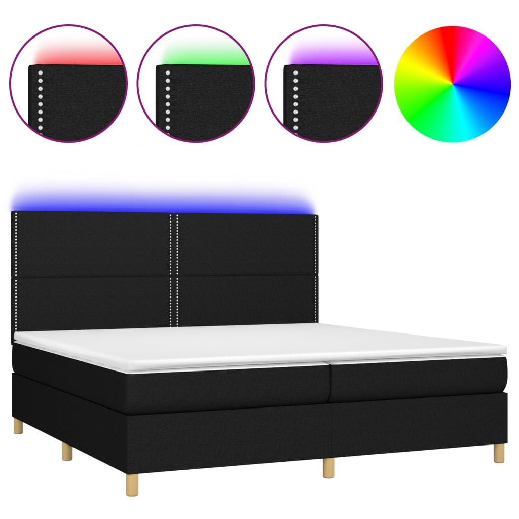 Sommier à lattes de lit et matelas et LED Noir 200x200 cm Tissu - XIOS