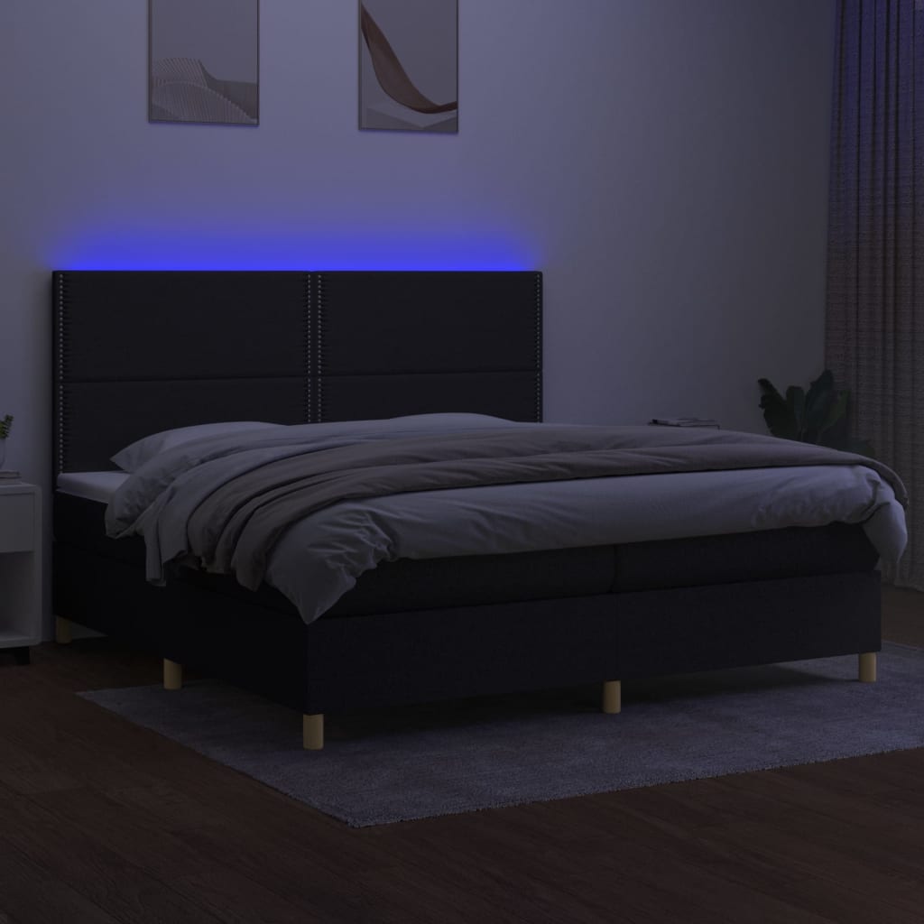 Sommier à lattes de lit et matelas et LED Noir 200x200 cm Tissu - XIOS