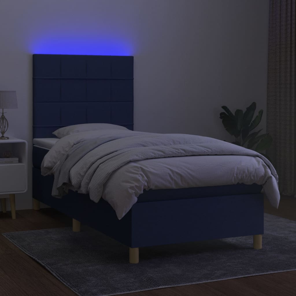 Sommier à lattes de lit et matelas et LED Bleu 90x190 cm Tissu - XIOS