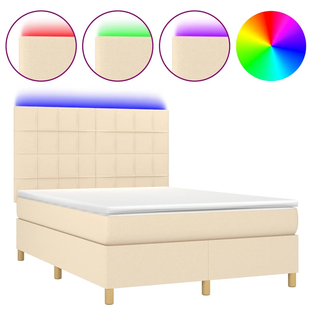 Sommier à lattes de lit et matelas et LED Crème 140x190cm Tissu