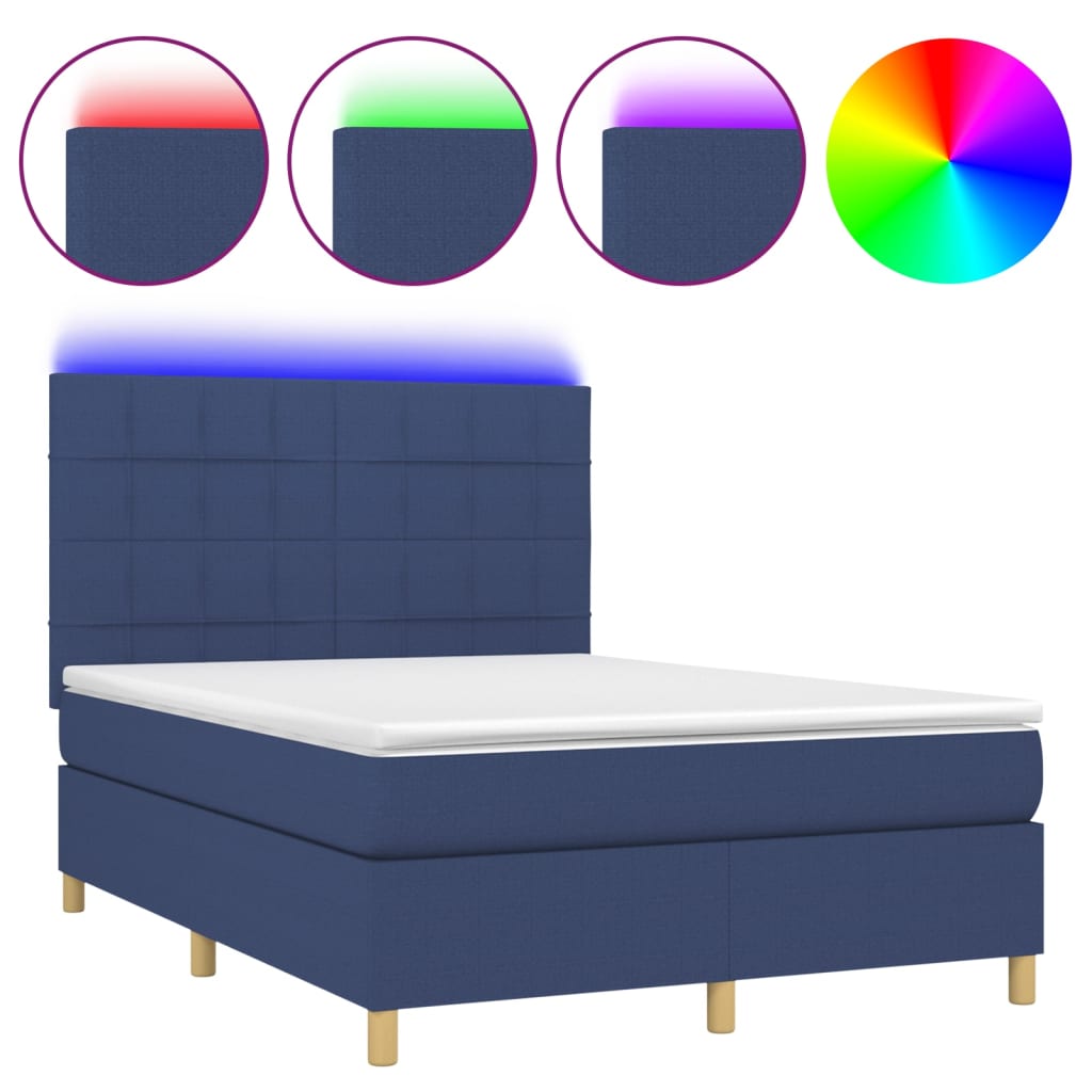 Sommier à lattes de lit et matelas et LED Bleu 140x190 cm Tissu - XIOS