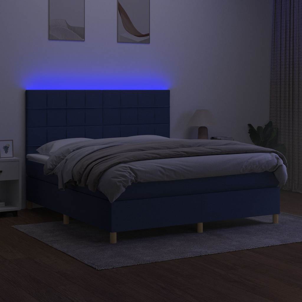 Sommier à lattes de lit et matelas et LED Bleu 160x200 cm Tissu