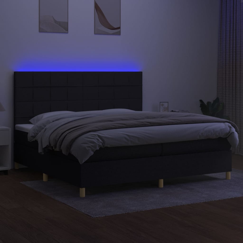 Sommier à lattes de lit et matelas et LED Noir 200x200 cm Tissu - XIOS