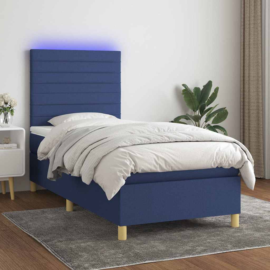 Sommier à lattes de lit et matelas et LED Bleu 90x200 cm Tissu