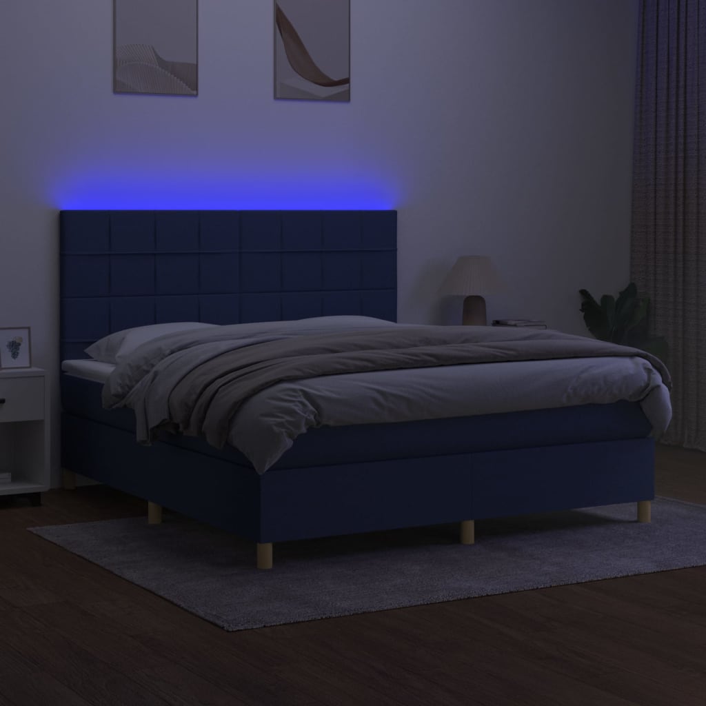 Sommier à lattes de lit et matelas et LED Bleu 160x200 cm Tissu