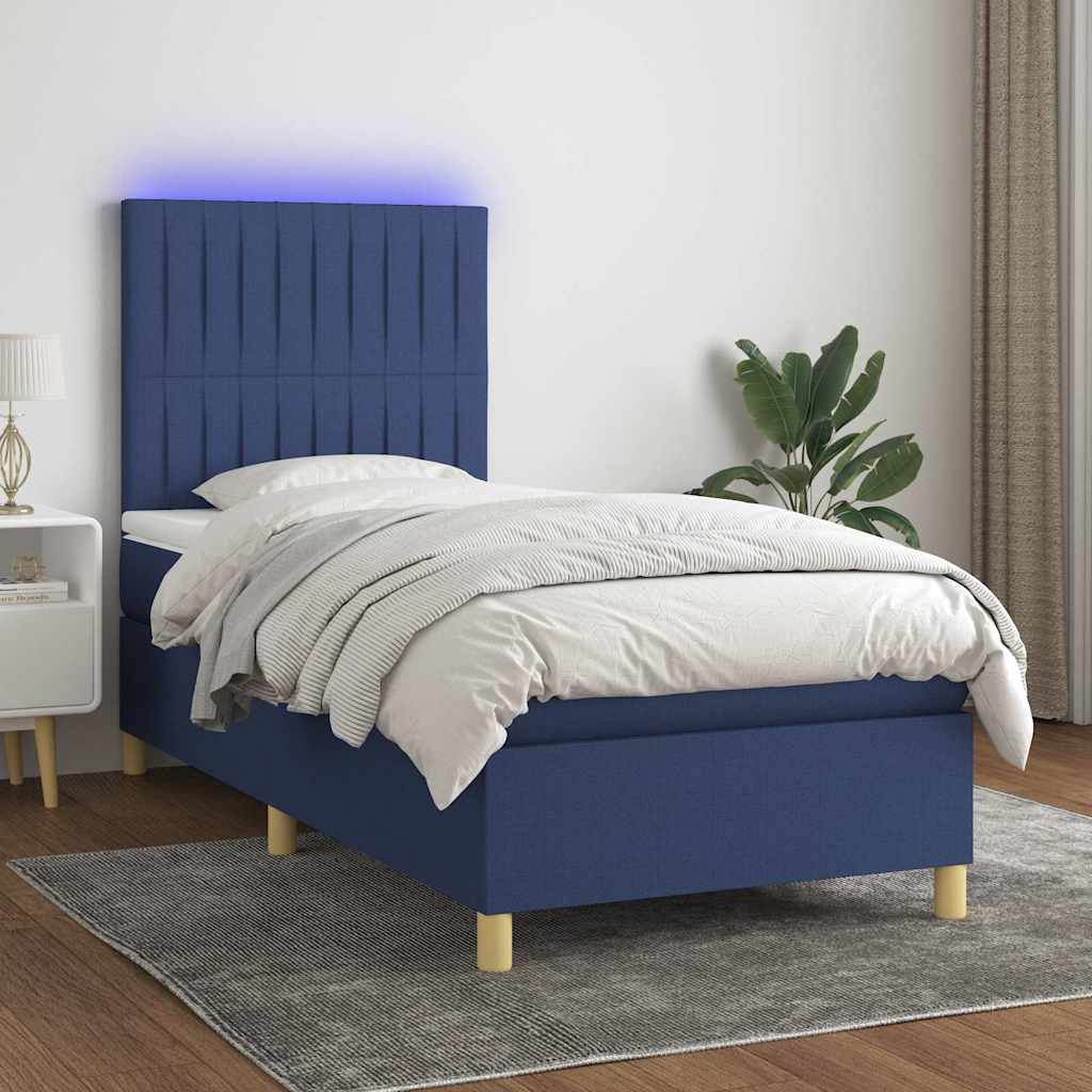 Sommier à lattes de lit et matelas et LED Bleu 90x190 cm Tissu