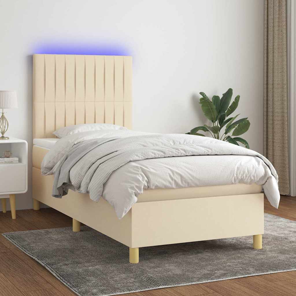 Sommier à lattes de lit et matelas et LED Crème 90x200 cm Tissu