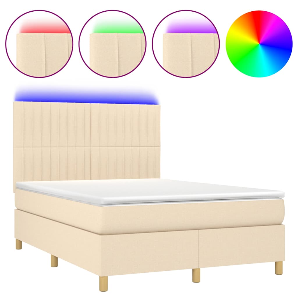 Sommier à lattes de lit et matelas et LED Crème 140x200cm Tissu