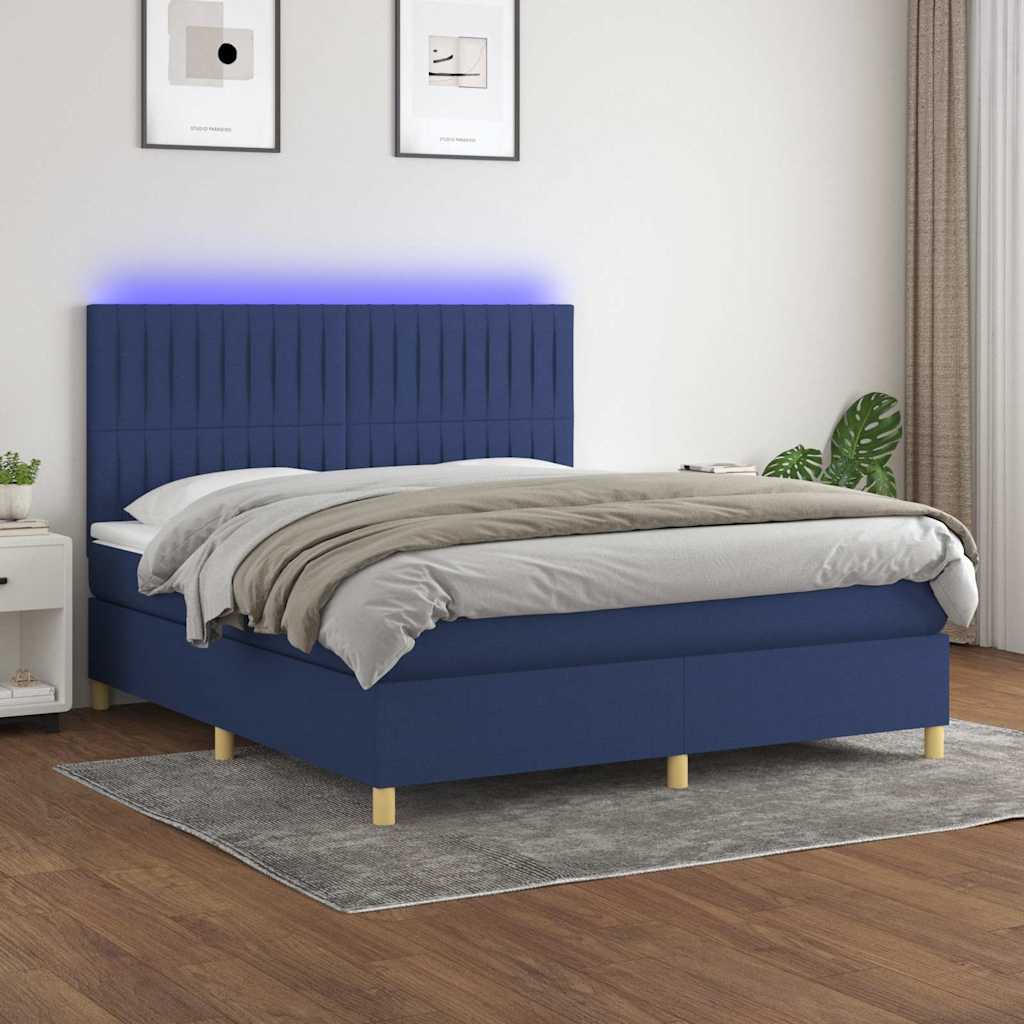 Sommier à lattes de lit et matelas et LED Bleu 160x200 cm Tissu