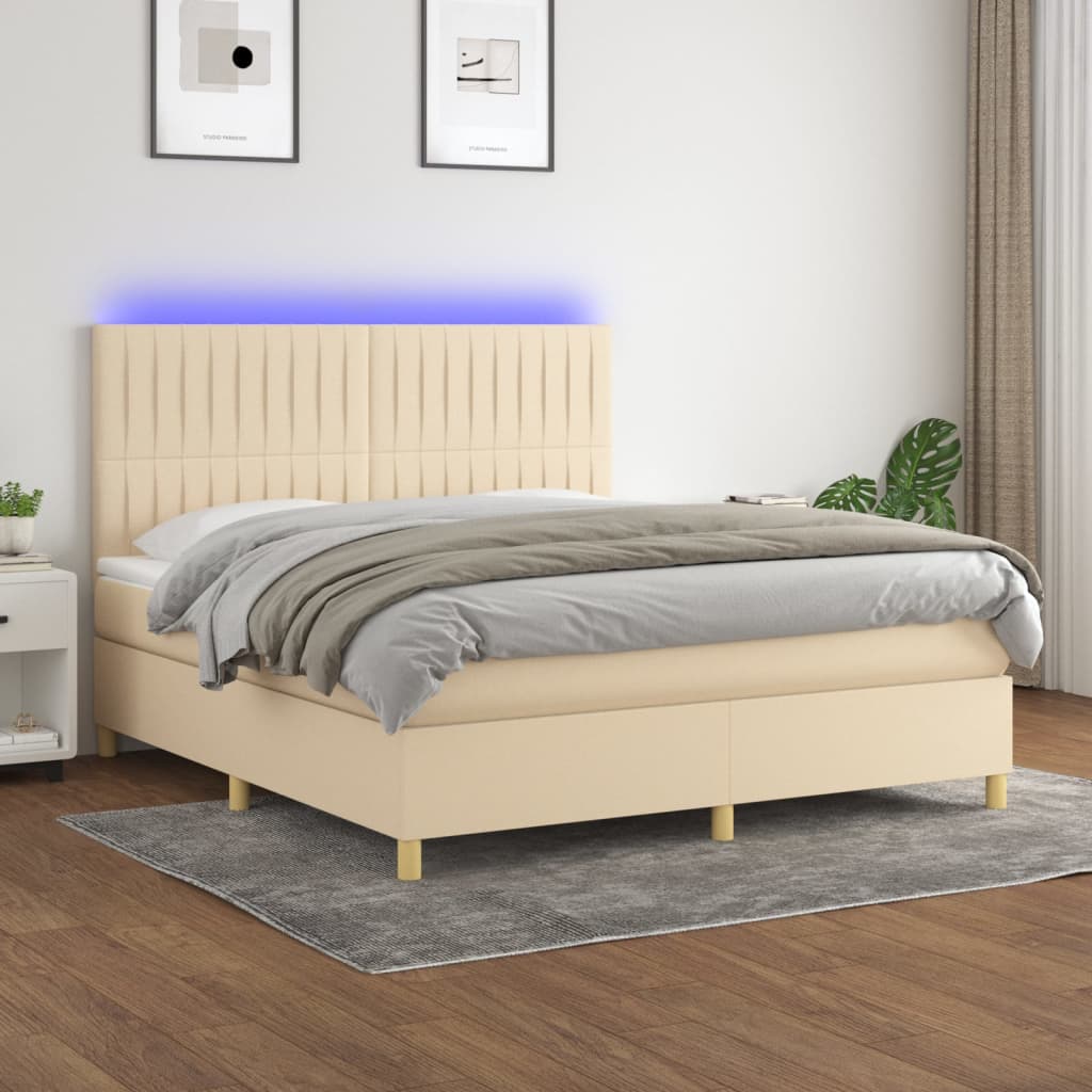 Sommier à lattes de lit et matelas et LED Crème 180x200cm Tissu