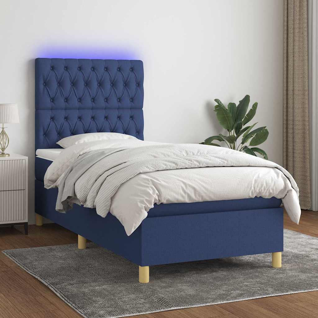Sommier à lattes de lit et matelas et LED Bleu 90x200 cm Tissu