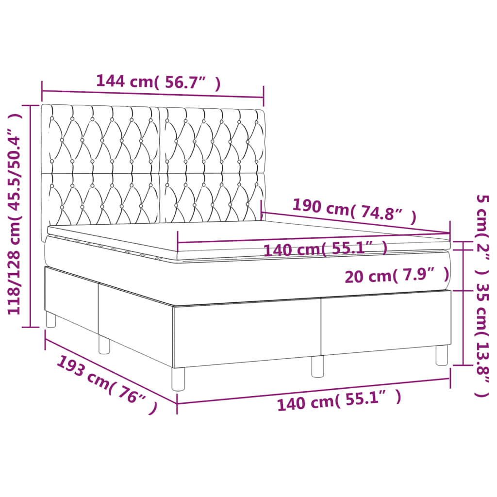 Sommier à lattes de lit et matelas et LED Gris foncé 140x190 cm - XIOS