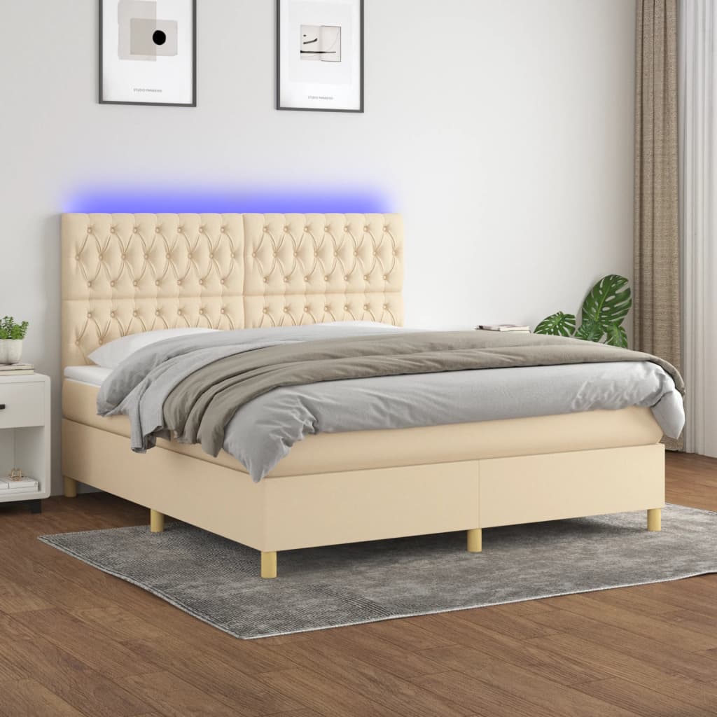 Sommier à lattes de lit et matelas et LED Crème 160x200cm Tissu