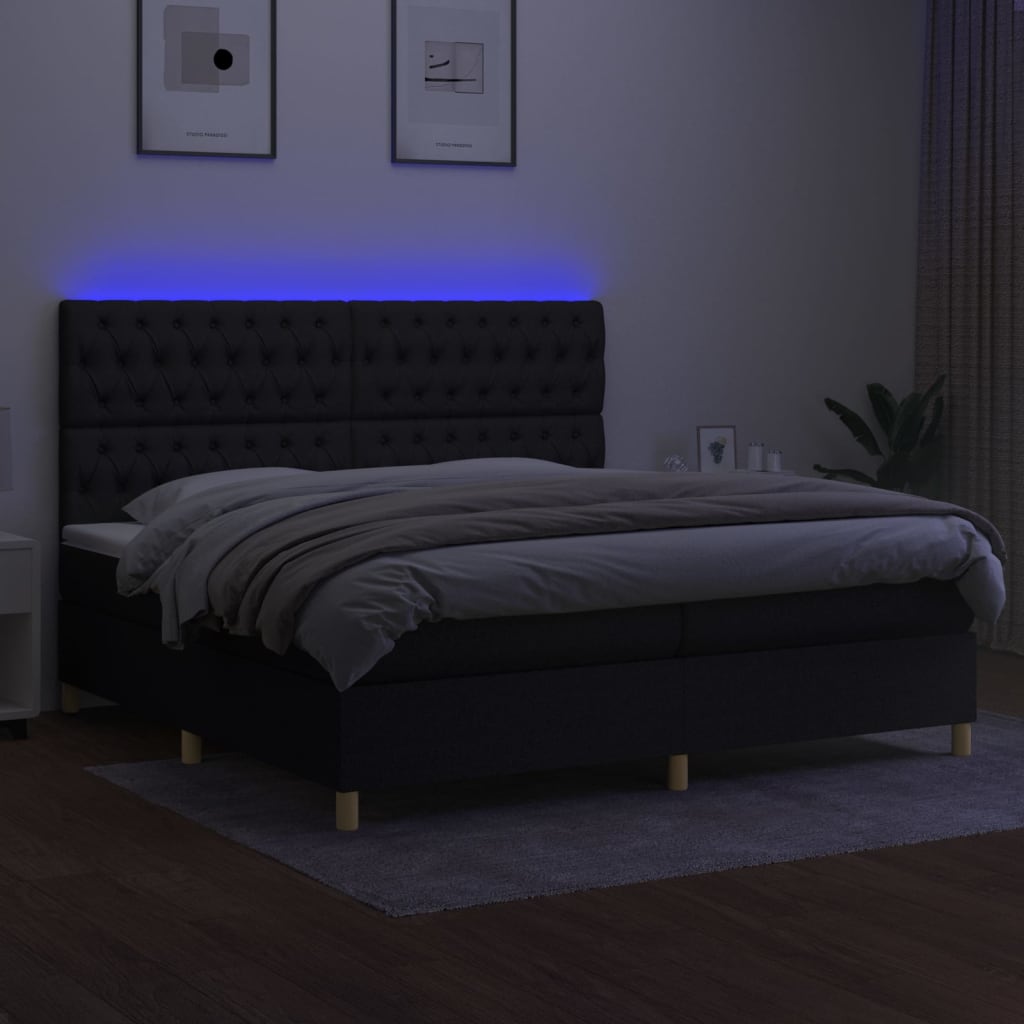 Sommier à lattes de lit et matelas et LED Noir 200x200 cm Tissu - XIOS