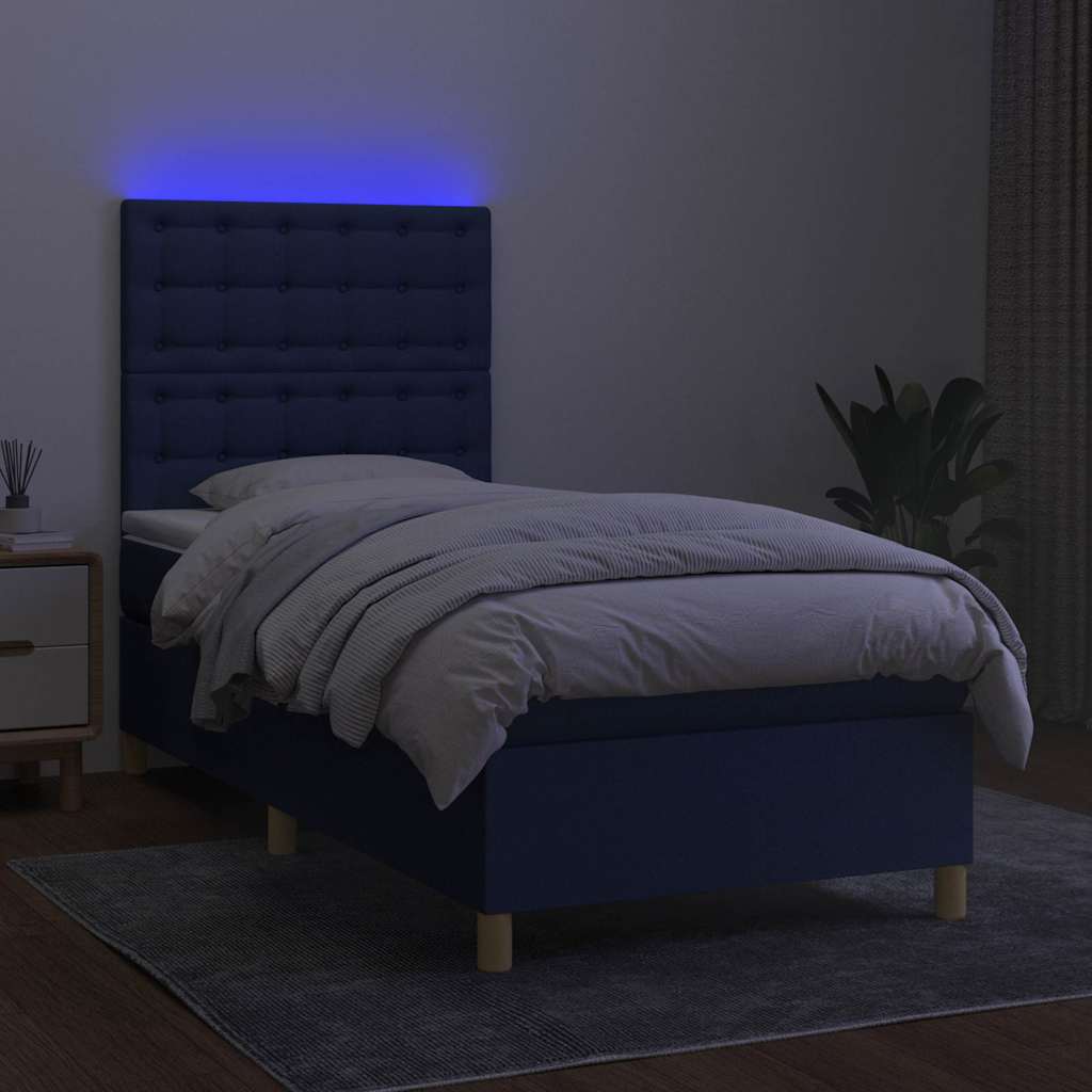 Sommier à lattes de lit et matelas et LED Bleu 90x200 cm Tissu