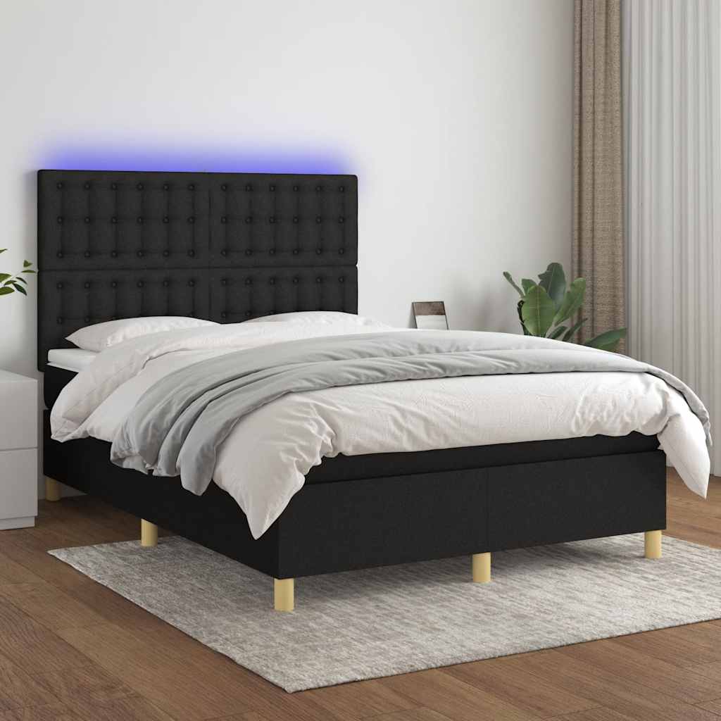 Sommier à lattes de lit et matelas et LED Noir 140x190 cm Tissu - XIOS