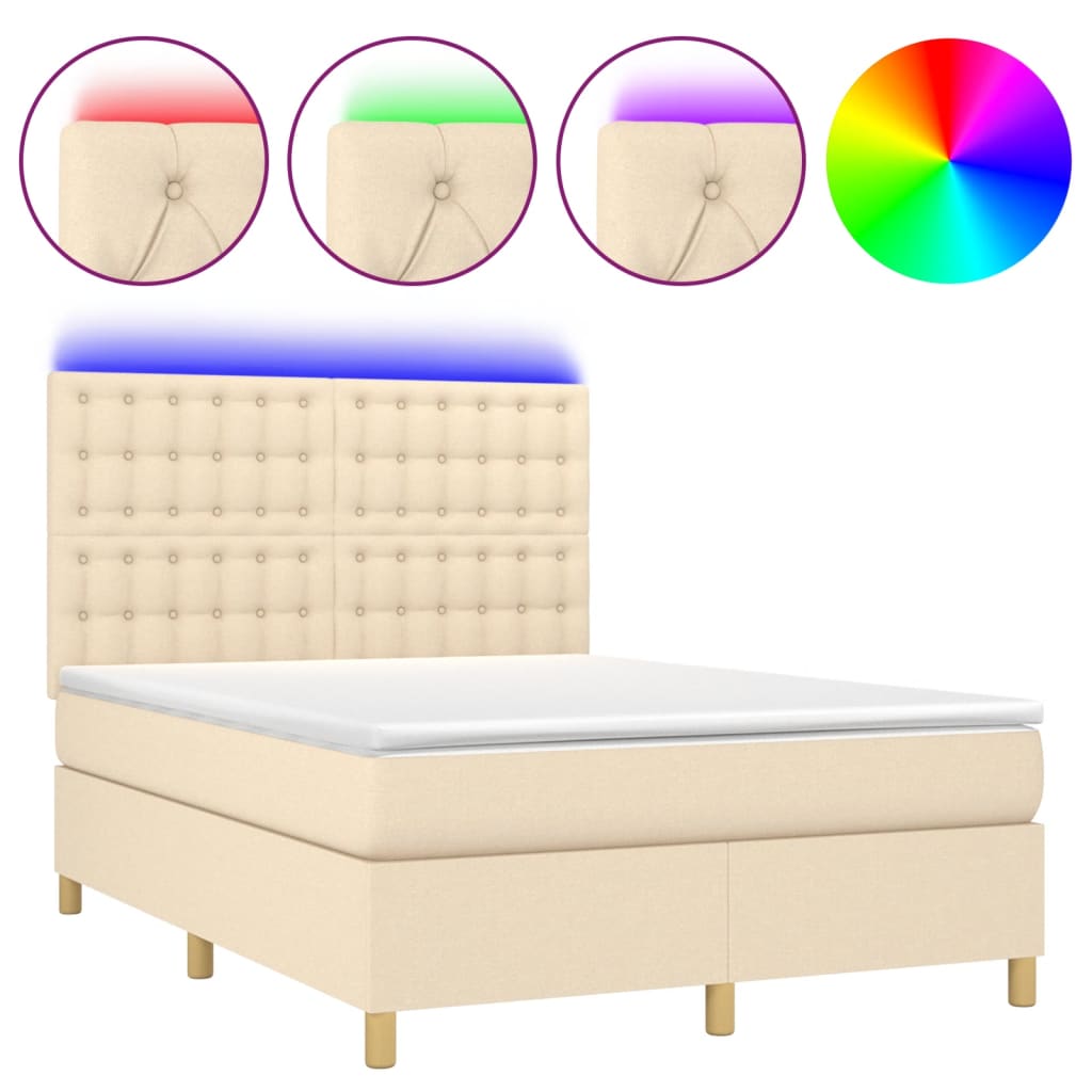 Sommier à lattes de lit et matelas et LED Crème 140x200cm Tissu
