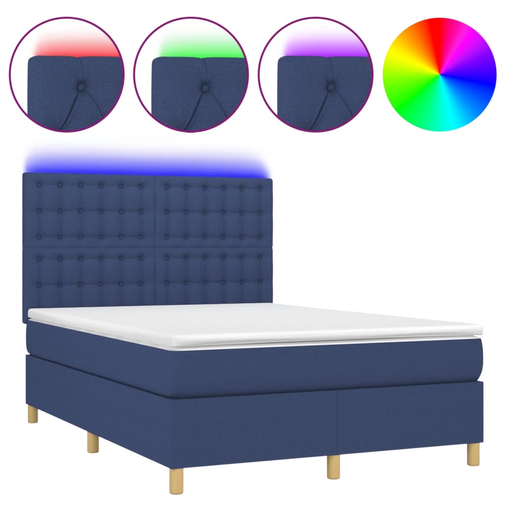 Sommier à lattes de lit et matelas et LED Bleu 140x200 cm Tissu - XIOS