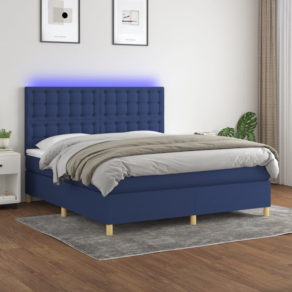 Sommier à lattes de lit et matelas et LED Bleu 160x200 cm Tissu