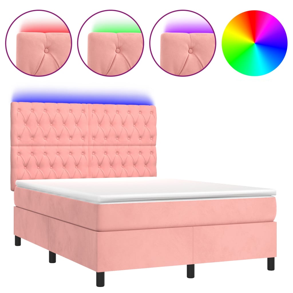 Sommier à lattes de lit matelas et LED Rose 140x190 cm Velours - XIOS