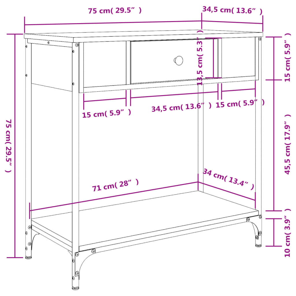 Table console chêne fumé 75x34,5x75 cm bois d'ingénierie - XIOS