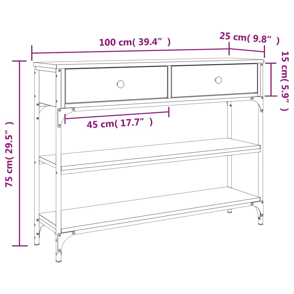 Table console chêne fumé 100x25x75 cm bois d'ingénierie - XIOS