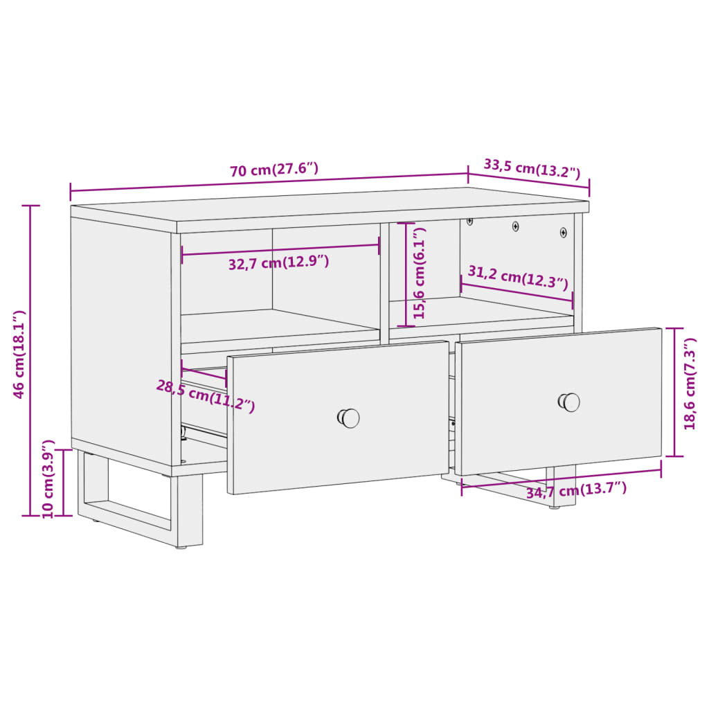 Meuble TV marron et noir 70x33,5x46 cm bois massif de manguier - XIOS