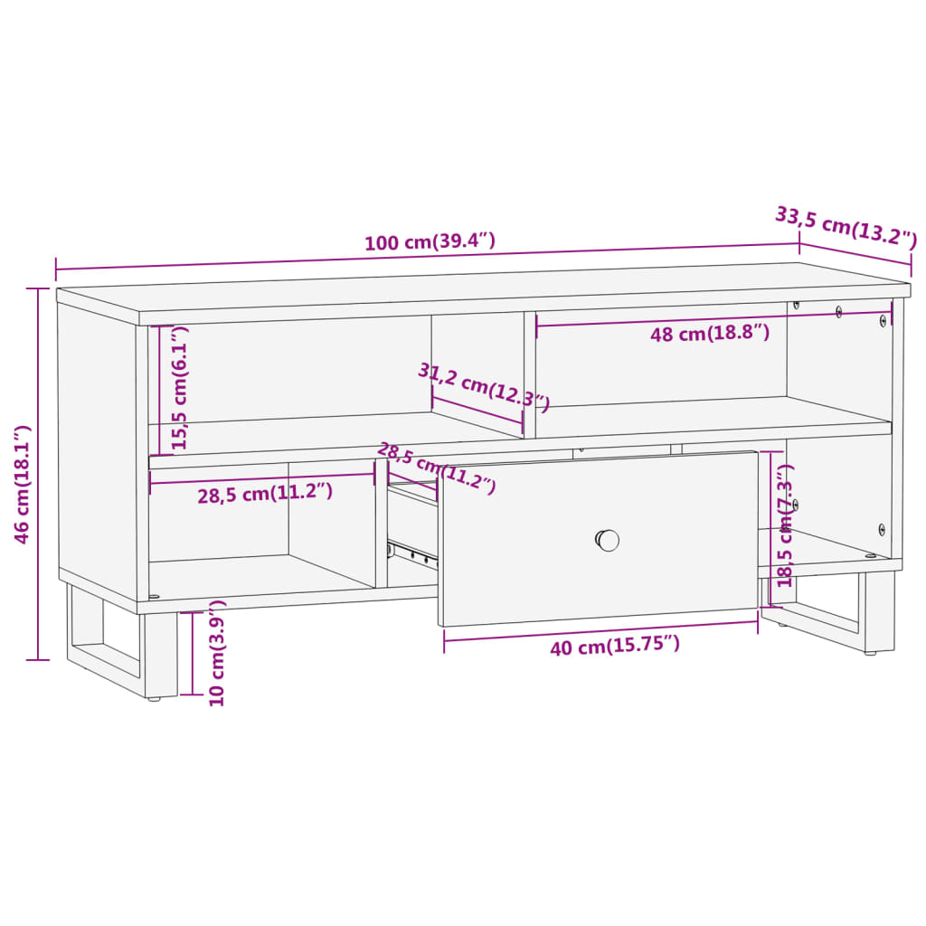 Meuble TV marron et noir 100x33,5x46 cm bois massif de manguier - XIOS