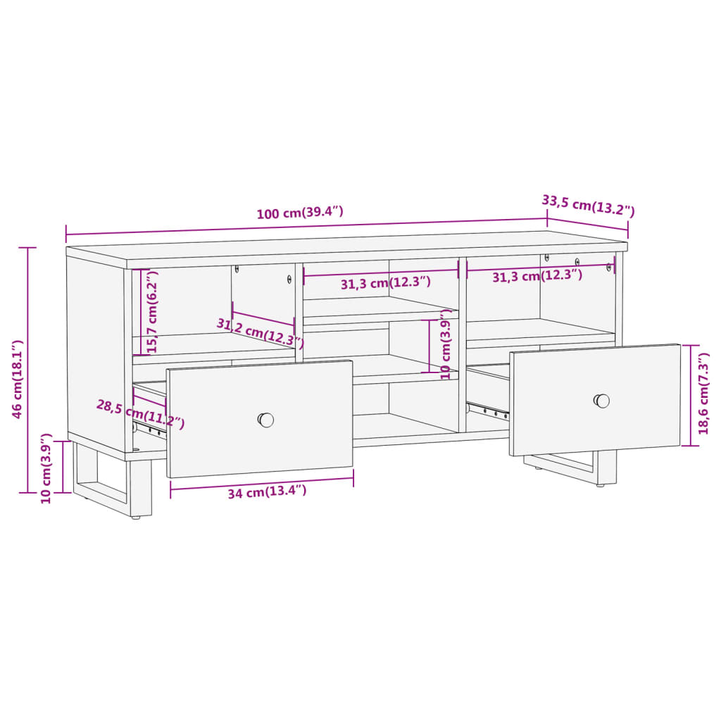 Meuble TV marron et noir 100x33,5x46 cm bois massif de manguier - XIOS