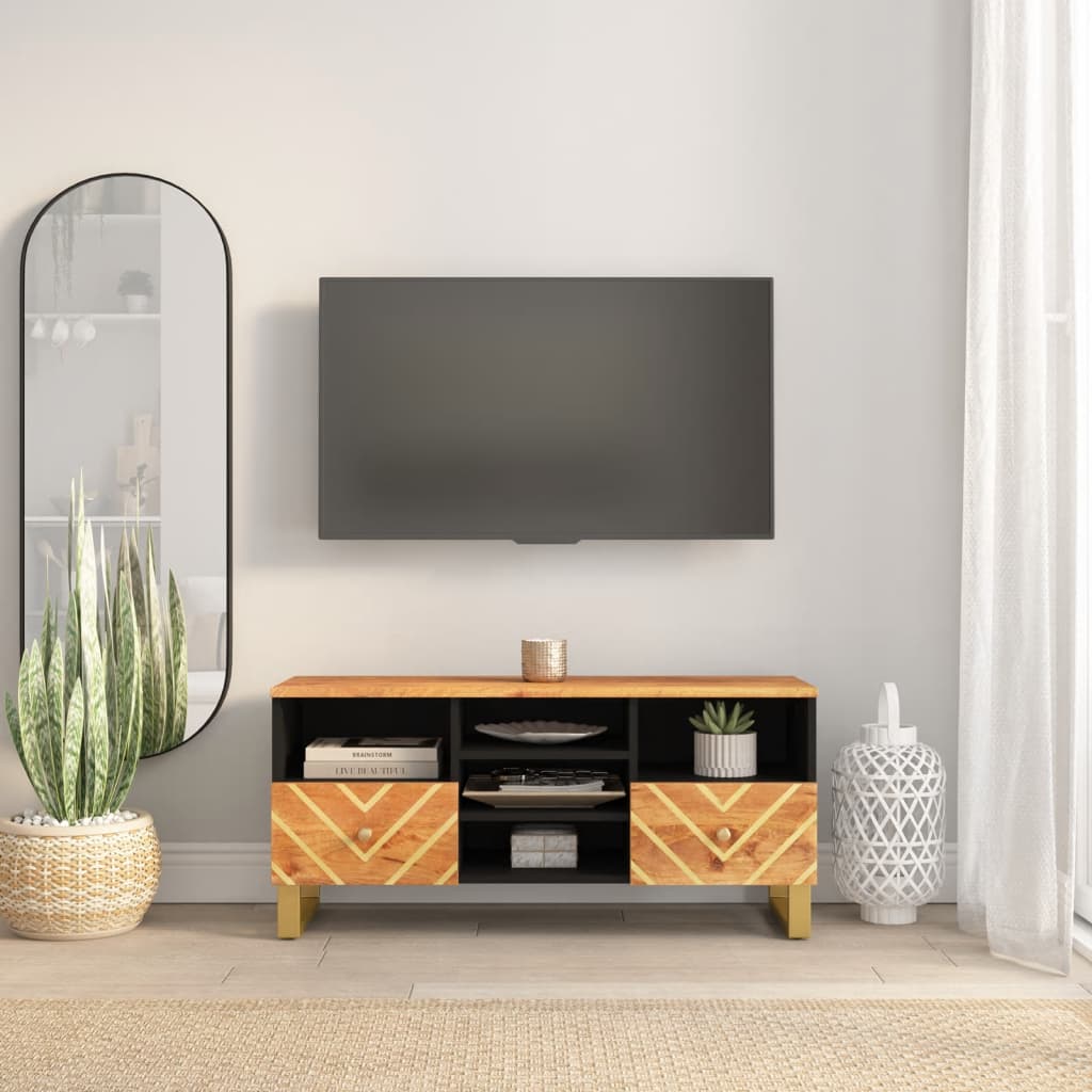 Meuble TV marron et noir 100x33,5x46 cm bois massif de manguier - XIOS