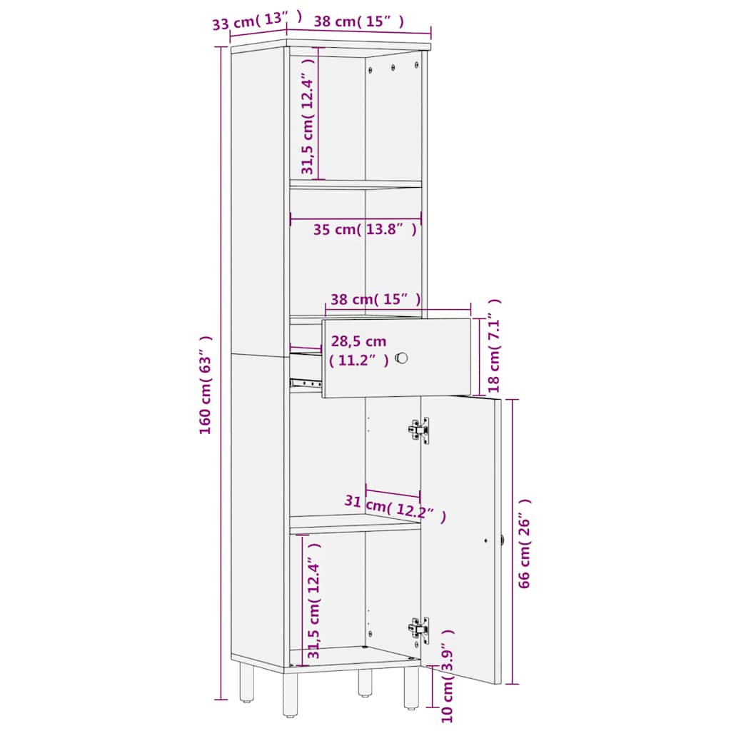 Armoire de salle de bain noir 38x33x160 cm bois massif manguier