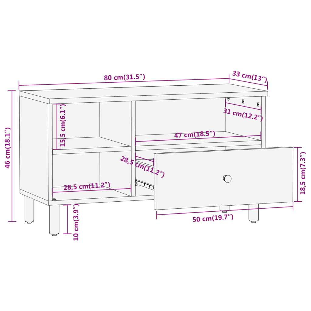 Meuble TV 80x33x46 cm bois massif de manguier - XIOS