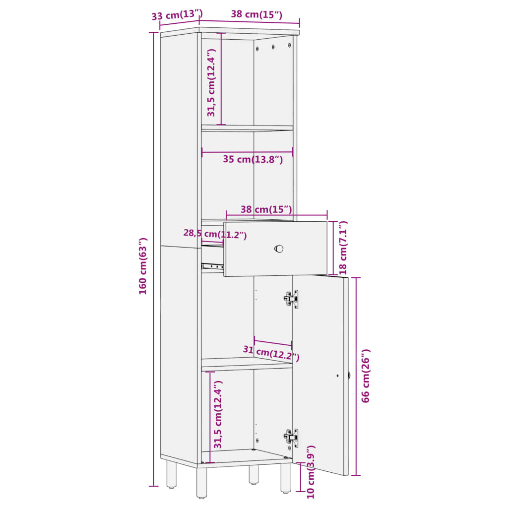 Armoire de salle de bain 38x33x160 cm bois massif de manguier - XIOS