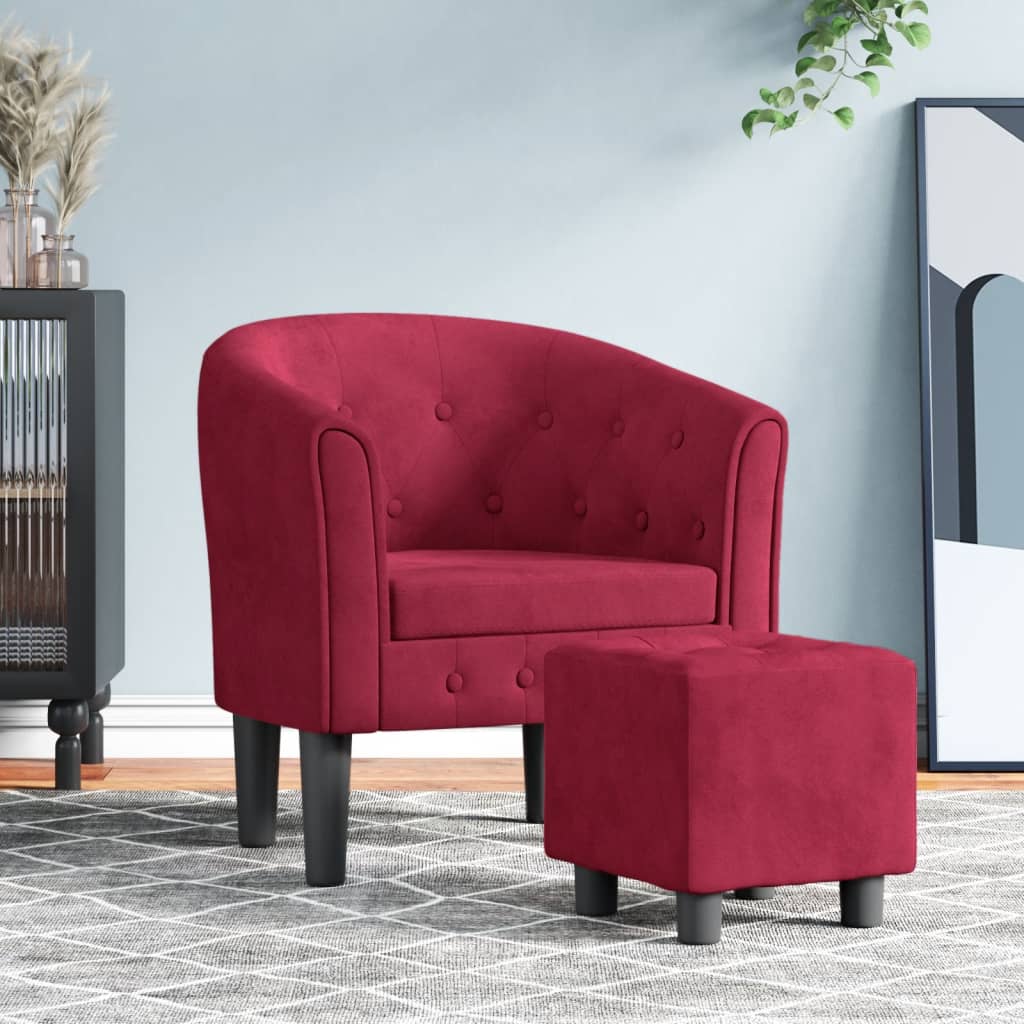 Fauteuil avec repose-pied rouge bordeaux velours - XIOS