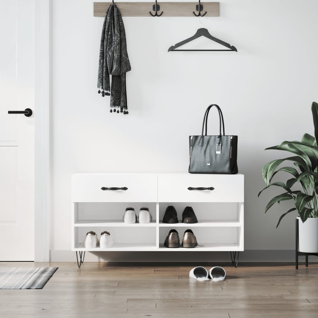 Banc à chaussures blanc brillant 102x35x55 cm bois d'ingénierie - XIOS