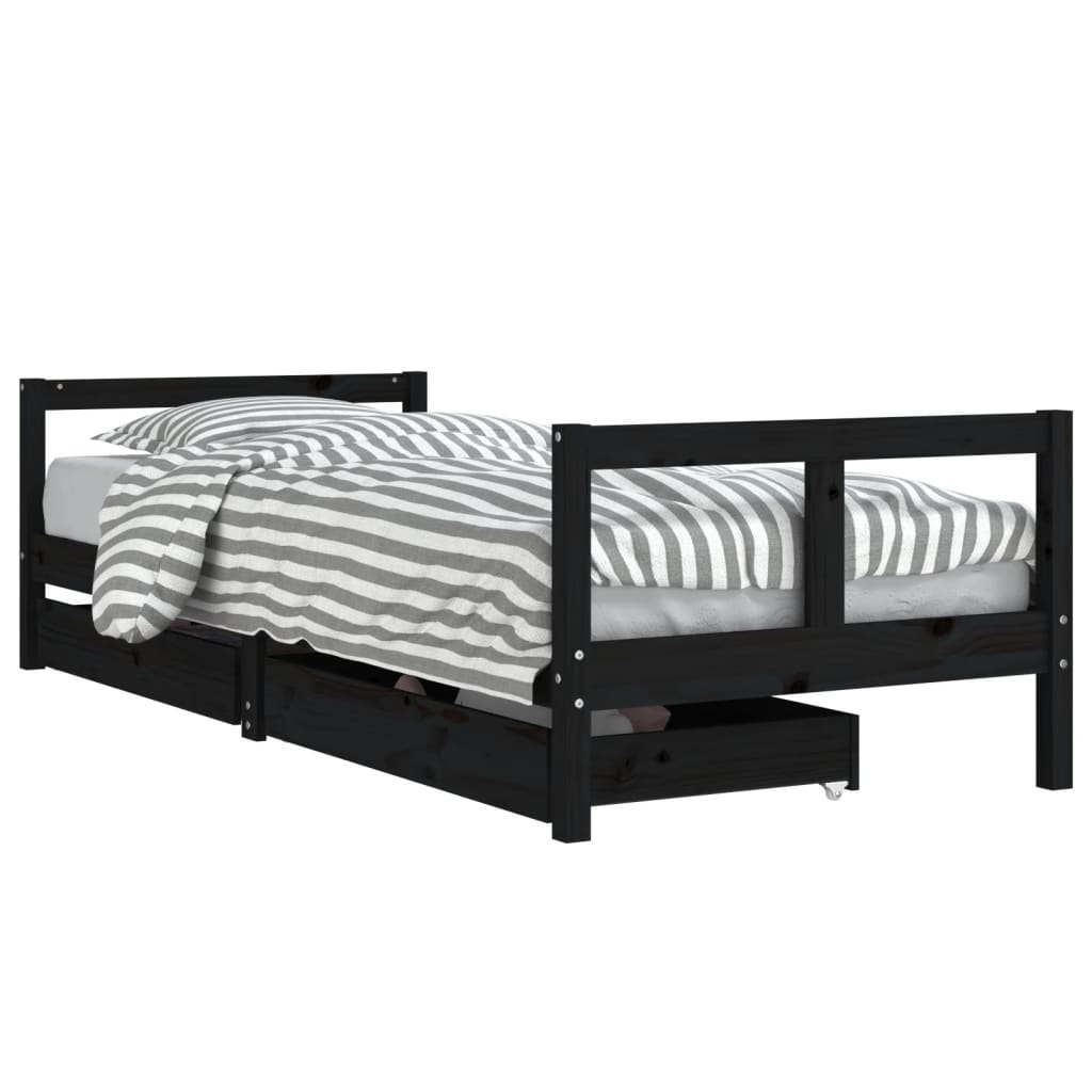 Cadre de lit enfant tiroirs noir 80x200 cm bois de pin massif - XIOS