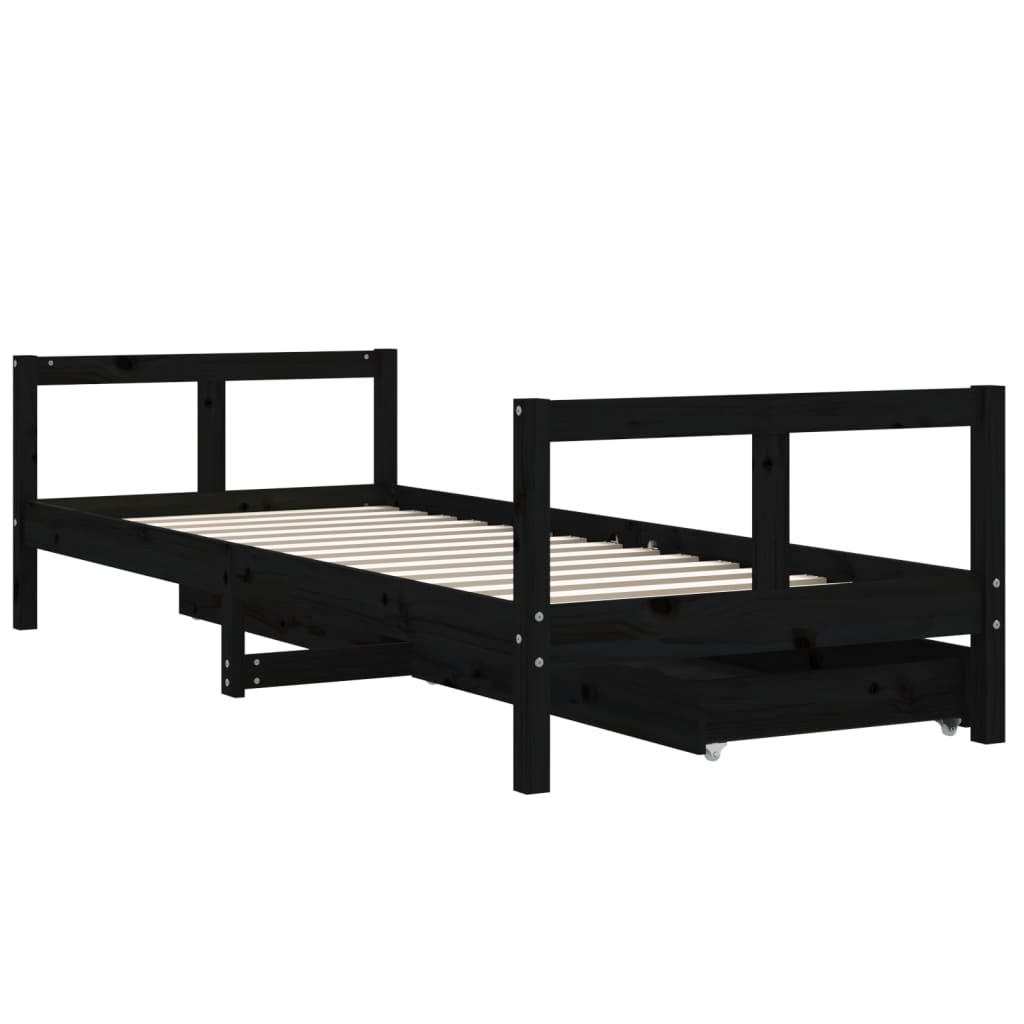 Cadre de lit enfant tiroirs noir 80x200 cm bois de pin massif - XIOS