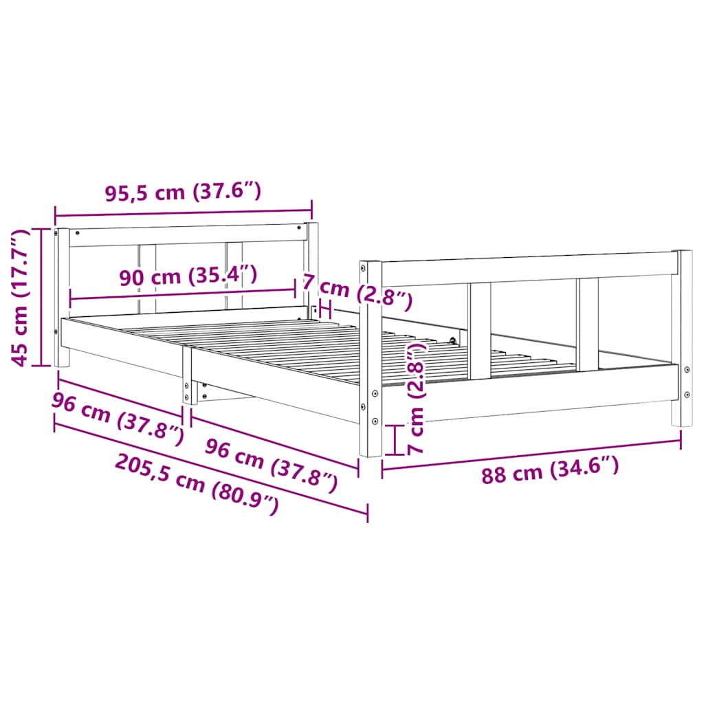 Cadre de lit pour enfants 90x200 cm bois de pin massif - XIOS