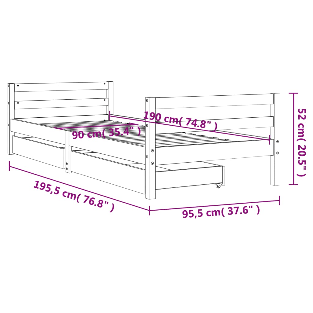 Cadre de lit d'enfants tiroirs blanc 90x190 cm bois pin massif - XIOS