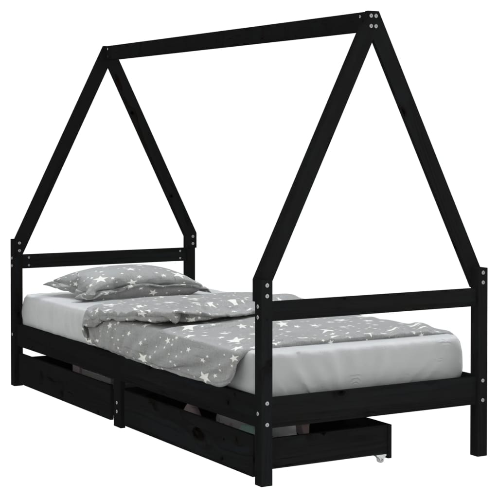 Cadre de lit enfant tiroirs noir 80x200 cm bois de pin massif - XIOS