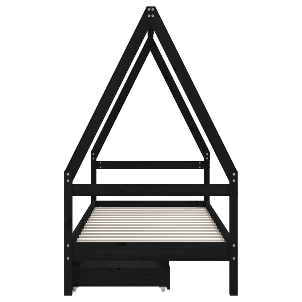Cadre de lit enfant tiroirs noir 80x200 cm bois de pin massif - XIOS