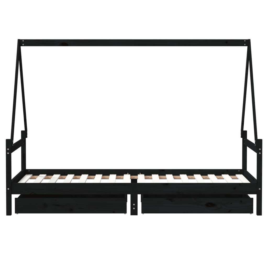 Cadre de lit enfant tiroirs noir 80x200 cm bois de pin massif - XIOS