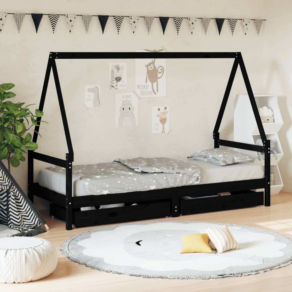 Cadre de lit enfant tiroirs noir 80x200 cm bois de pin massif - XIOS