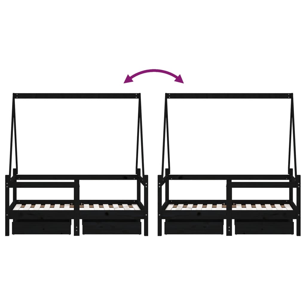 Cadre de lit enfant avec tiroirs noir 70x140 cm bois pin massif - XIOS