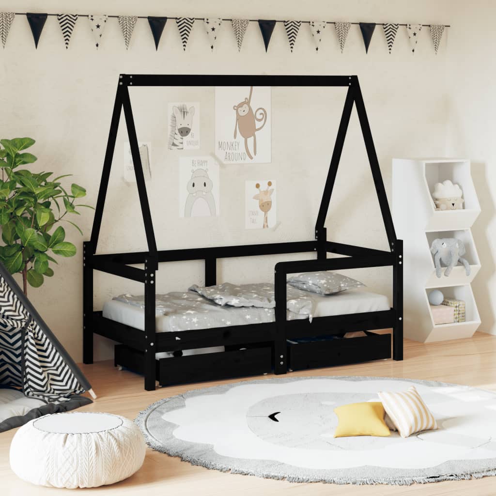Cadre de lit enfant avec tiroirs noir 70x140 cm bois pin massif - XIOS